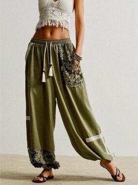 Boho Olive Green Embroidered Wide-Leg Pants Lace Detail Drawstring Harem Pants